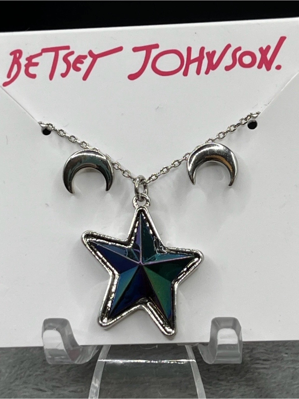 Betsey Johnson Iridescent Amethyst Purple Star Necklace Crescent moon Accents